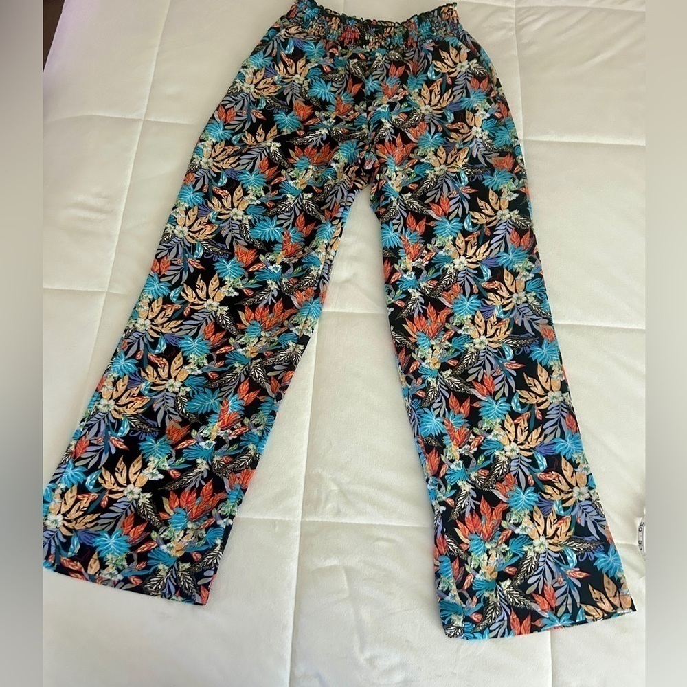 Lily Rose Floral Jungle Beach Pants Wide Leg Womens Size Small Black Blu…‌‌